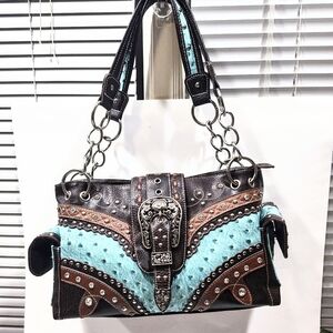 Western Studded Concealed Carry Purse Turquoise Brown Faux Leather Hand Bag